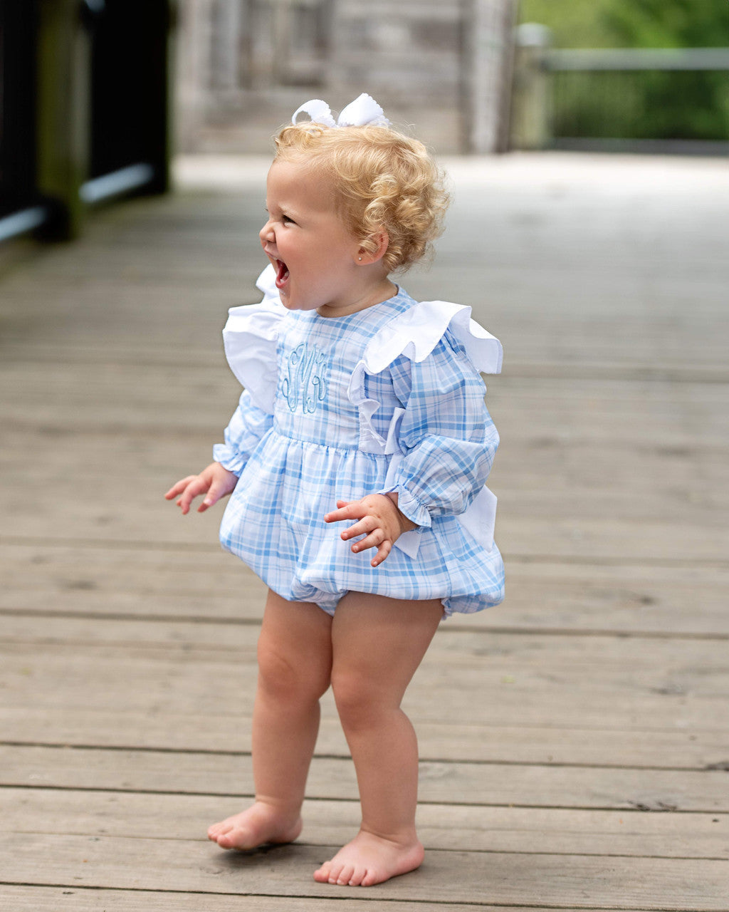 Girls Blue Plaid Bow Bubble