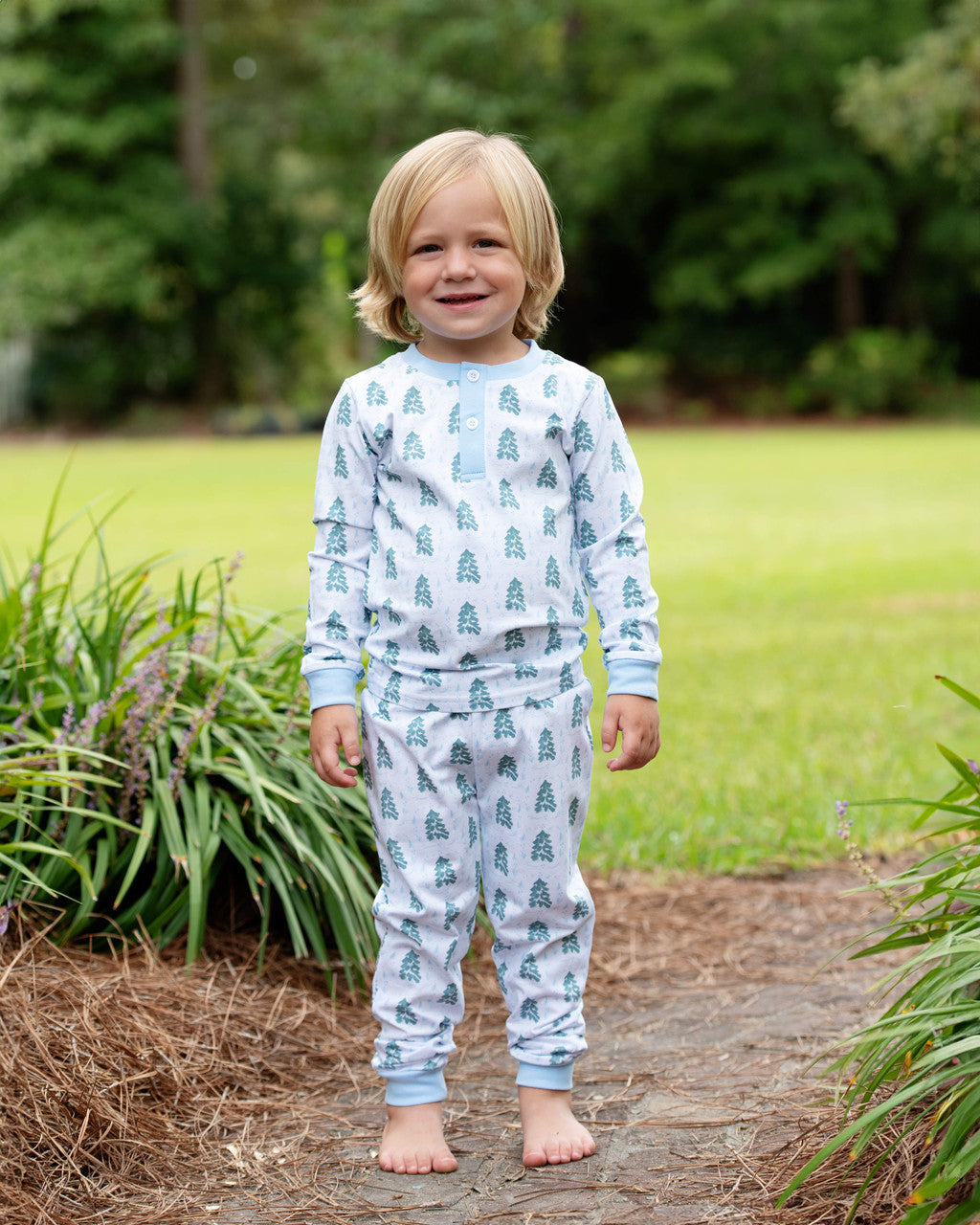 Blue And Green Christmas Tree Print Knit Pajamas