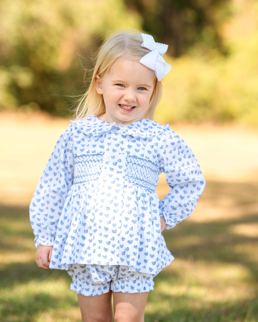 Blue Heart Print Smocked Diaper Set