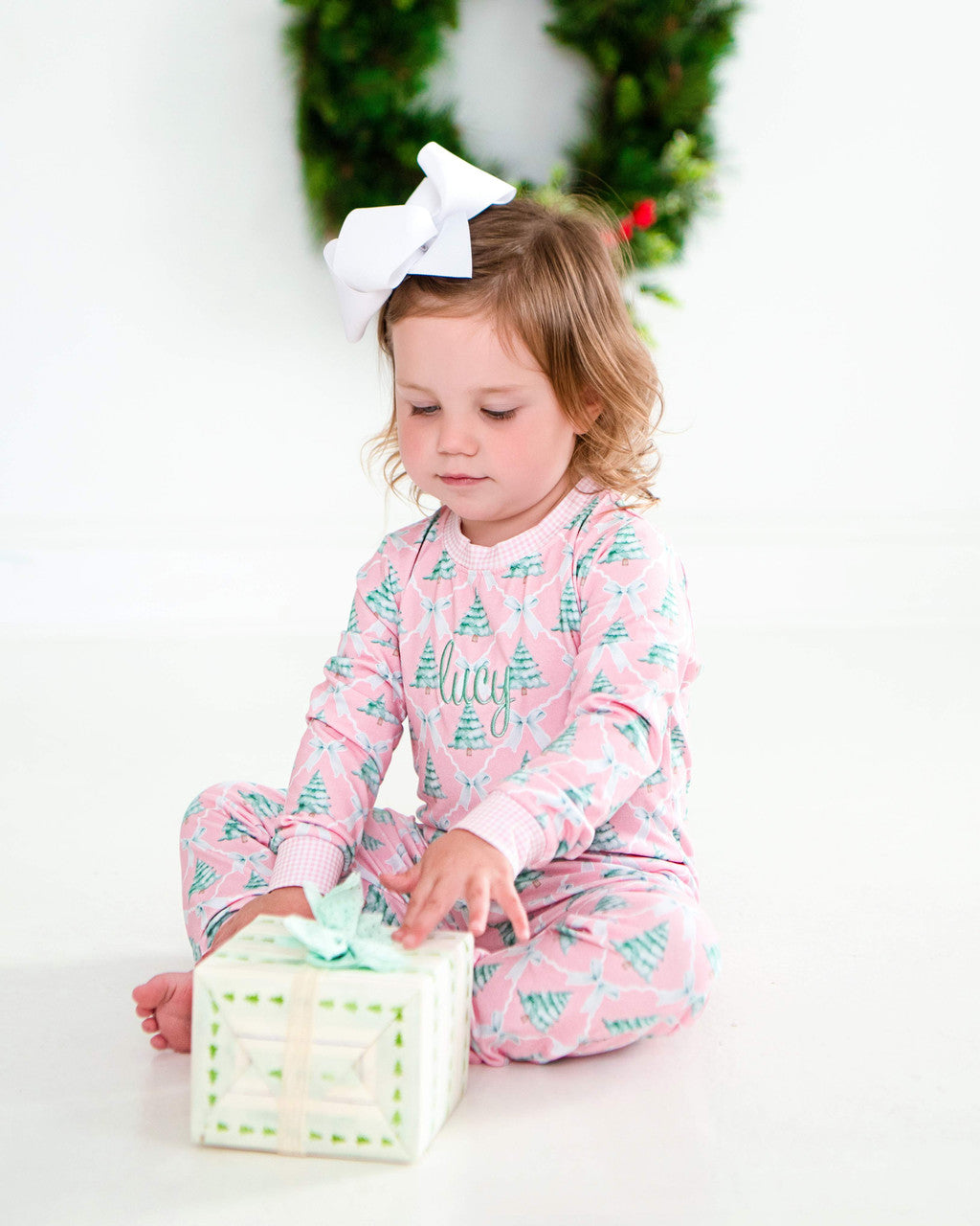 Pink And Green Bow And Christmas Tree Knit Pajamas