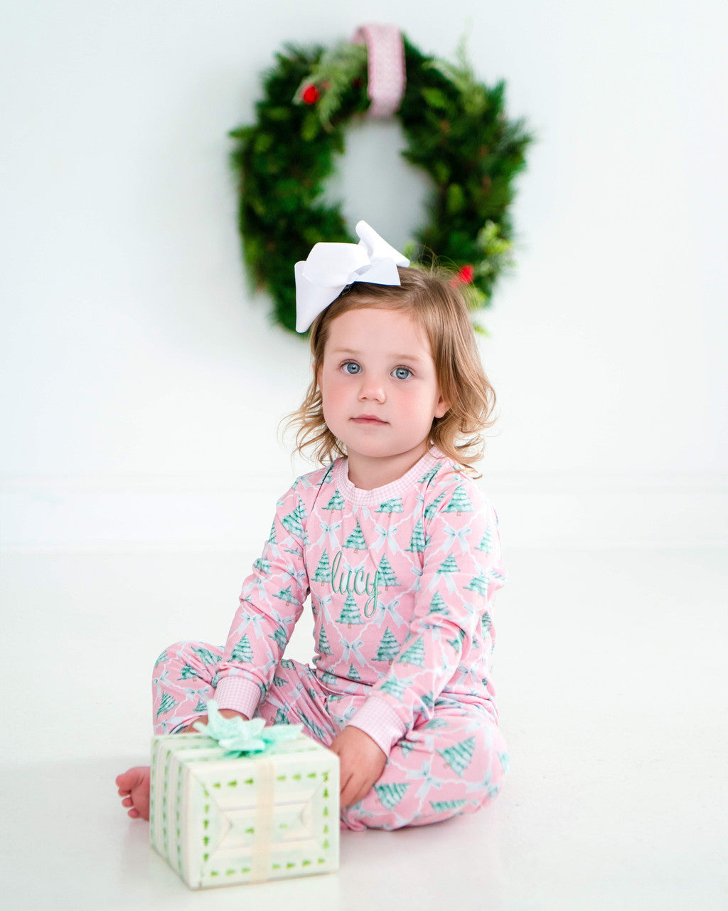 Pink And Green Bow And Christmas Tree Knit Pajamas