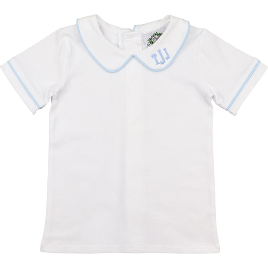 Boys White And Blue Knit Peter Pan Shirt Monogram