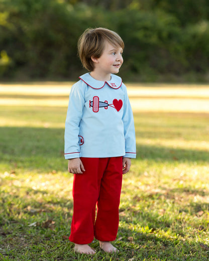 Red And Blue Corduroy Applique Valentine Airplane Pant Set