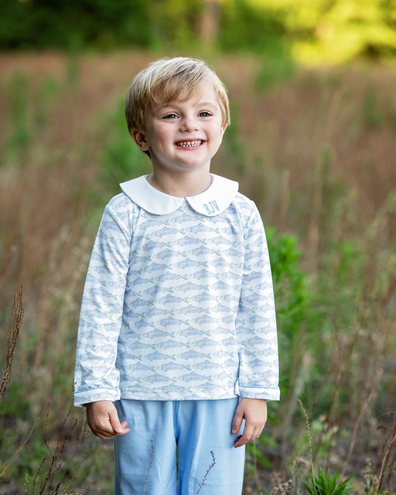 Blue And Green Trout Print Knit Pant Set