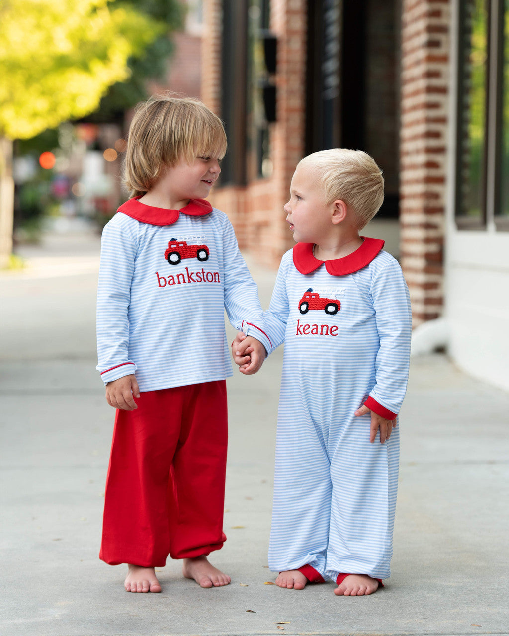 Blue Knit Stripe Crocheted Firetruck Pant Set