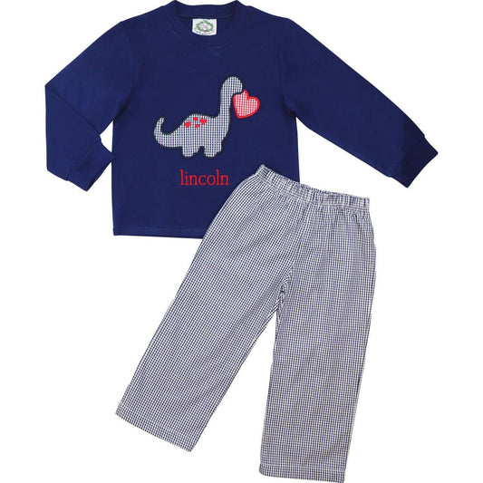 Navy Gingham Applique Valentine Dinosaur Pant Set