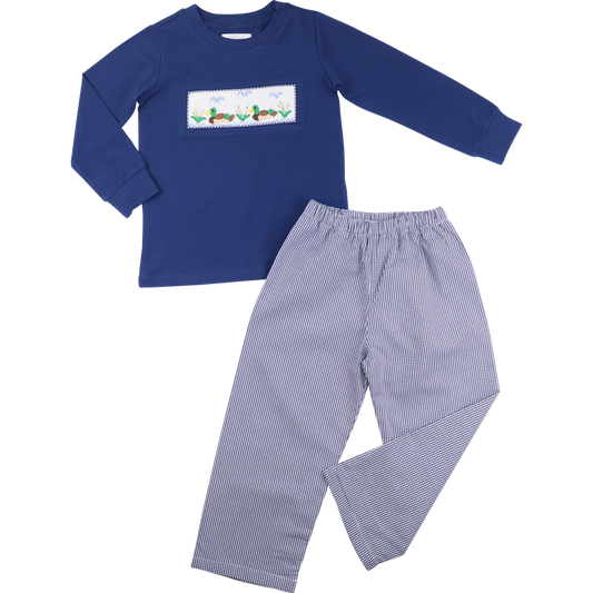 Navy Gingham Smocked Mallard Pant Set