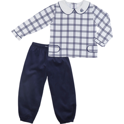 Navy And White Windowpane Plaid And Corduroy Ankle Pant Set