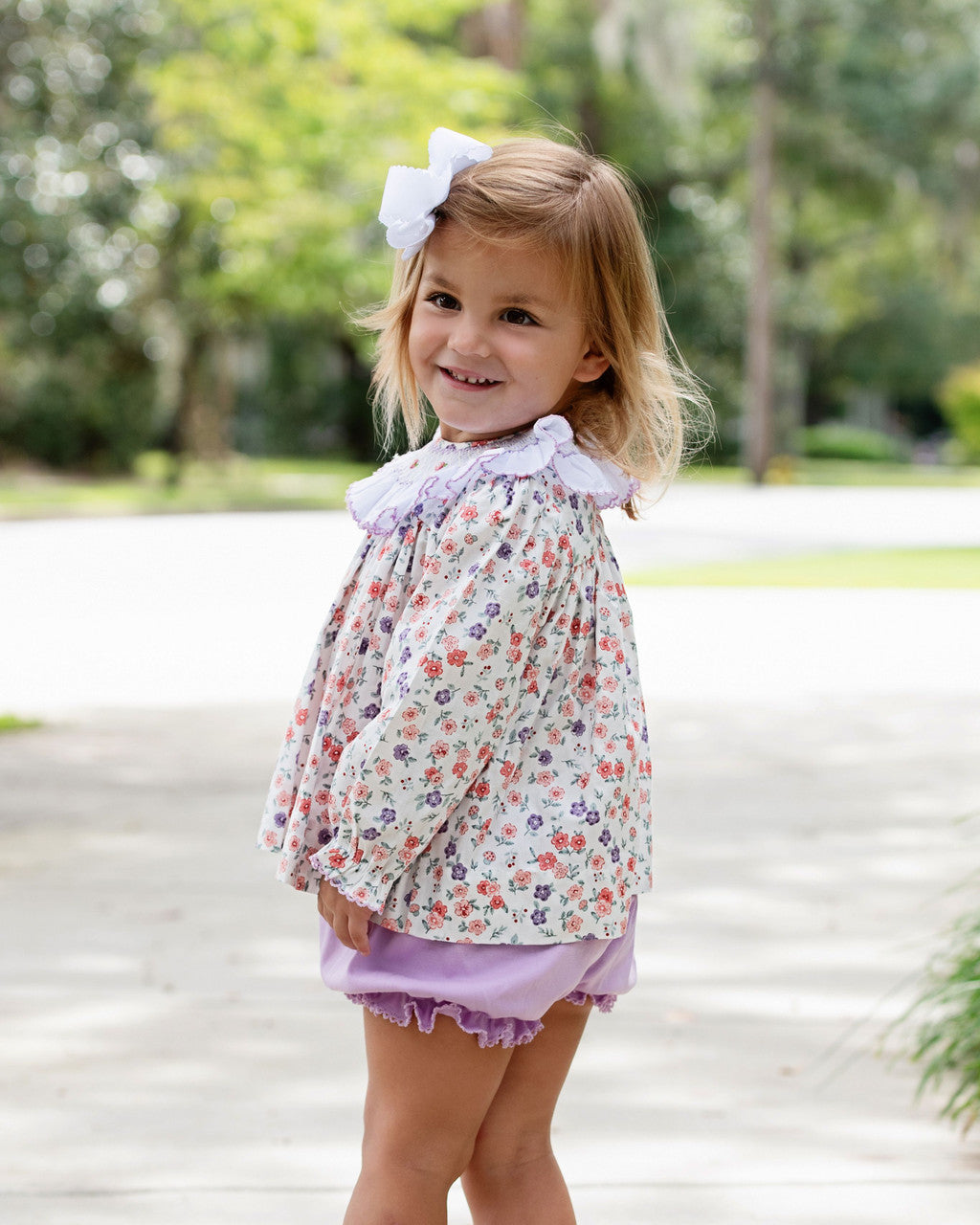 Lavender Floral Smocked Ruffled Collar Diaper Set