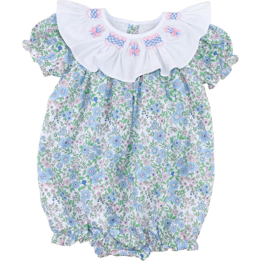 Floral Smocked Ruffle Collar Bubble