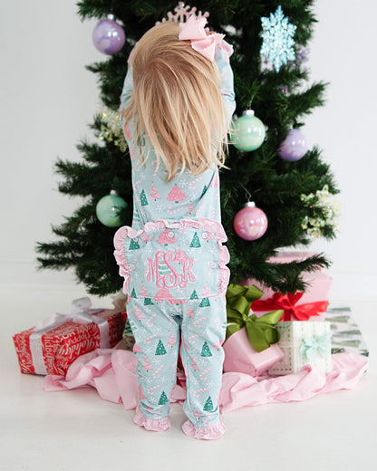 Green And Pink Candy Cane And Christmas Tree Knit Zipper Pajamas