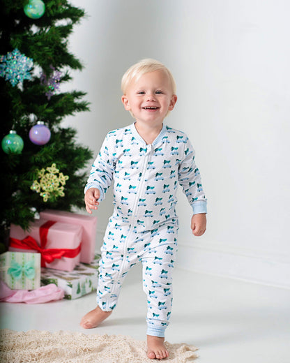 Blue Car And Christmas Tree Knit Zipper Pajamas