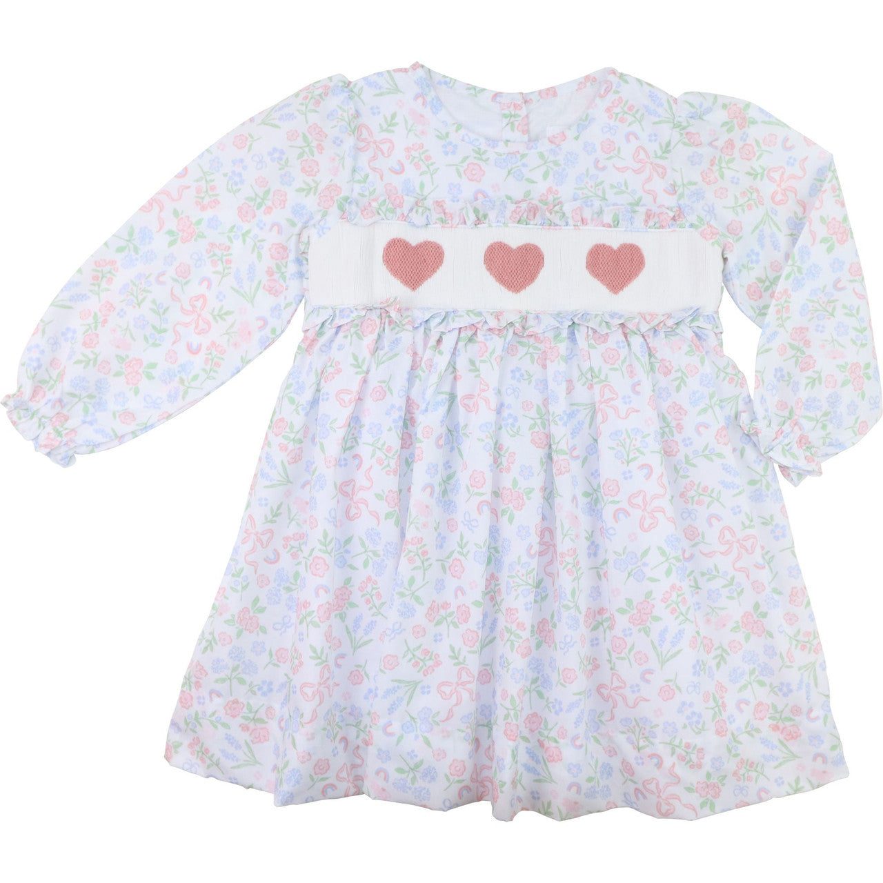 Pink And Blue Floral Smocked Hearts Dress