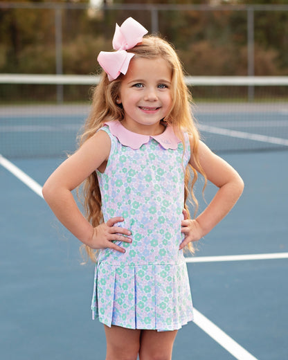 Pink And Green Scalloped Collar Lycra Tennis Dress