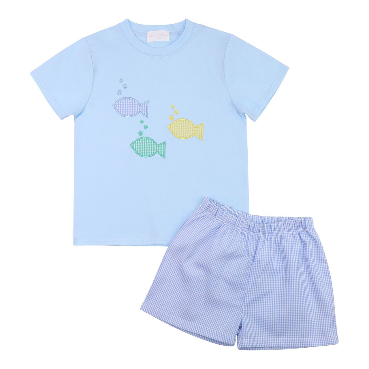 Blue Gingham Swimming Fish Short Set