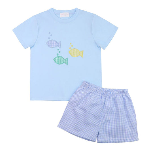 Blue Gingham Swimming Fish Short Set