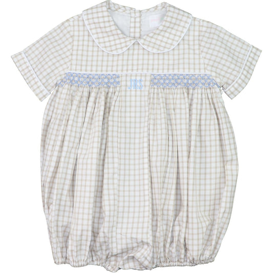 Smocked Khaki Windowpane Bubble