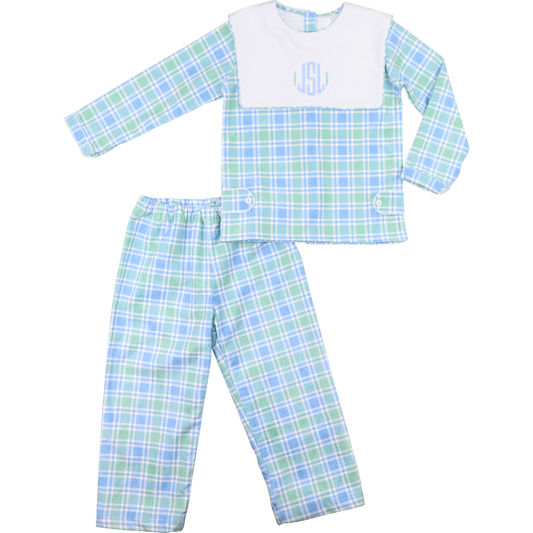 Blue And Green Plaid Corduroy Pant Set