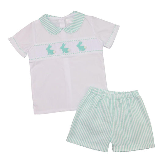 Mint Seersucker Smocked Bunnies Short Set