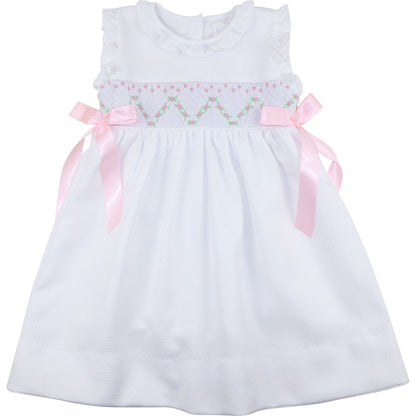 White Honeycomb Smocked Satin Bow Dress