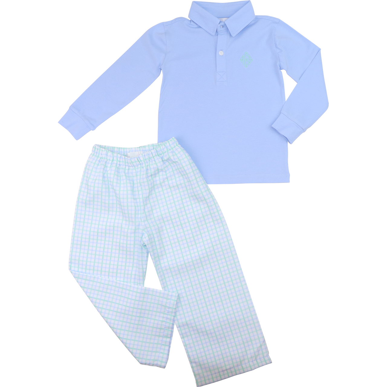 Blue And Green Windowpane Polo Pant Set