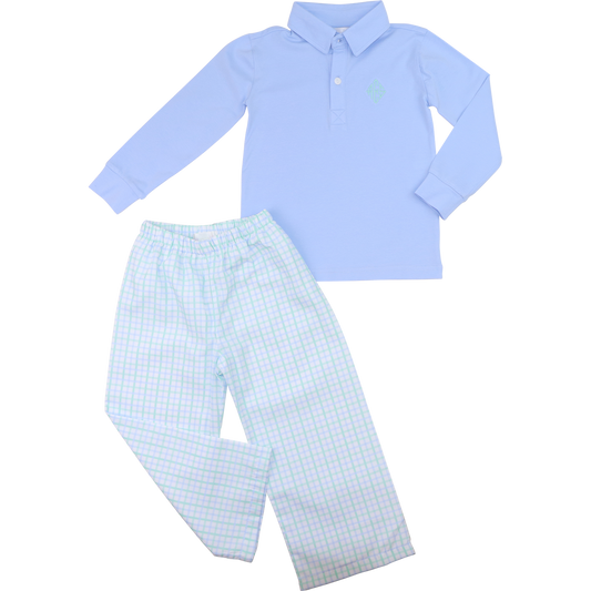 Blue And Green Windowpane Polo Pant Set