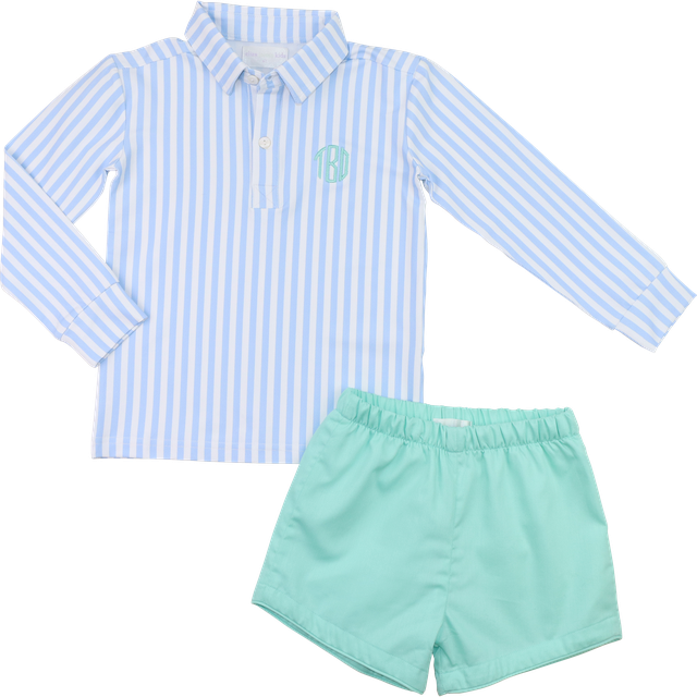 Mint And Blue Striped Polo Short Set