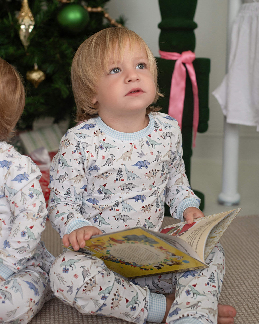 Blue Gingham Knit Holiday Dinosaur Pajamas