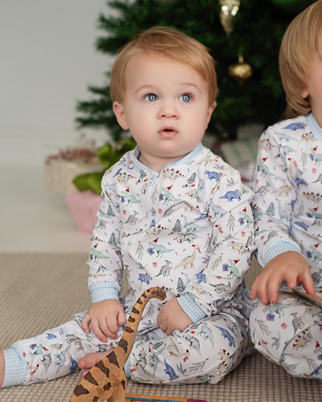 Blue Gingham Knit Holiday Dinosaur Zipper Pajamas