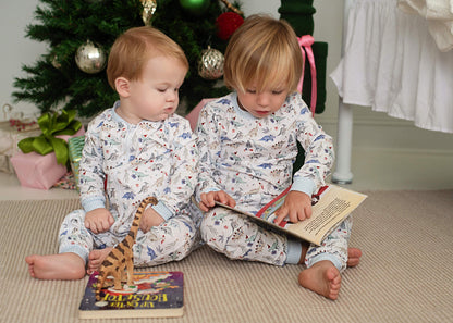 Blue Gingham Knit Holiday Dinosaur Zipper Pajamas