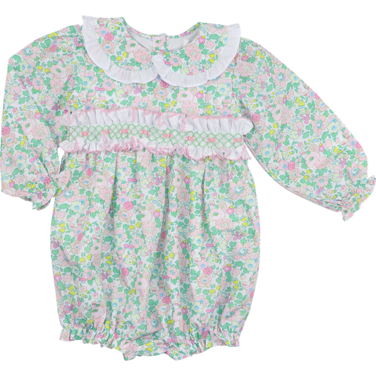 Green And Pink Floral Smocked Ruffle Bubble