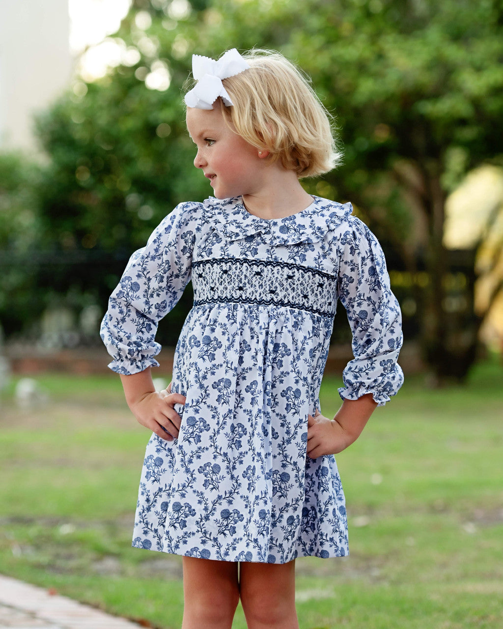 Navy Floral Smocked Rosette Dress