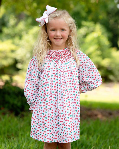 Red And Green Smocked Holiday Hearts Dress