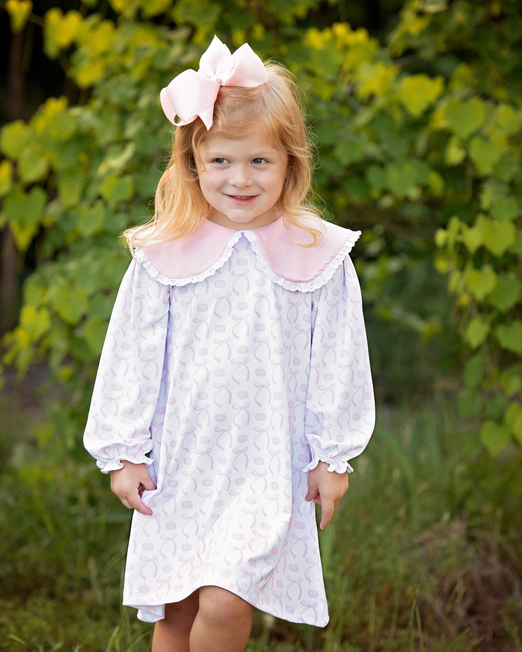 Pink Pumpkin And Bow Knit Eyelet Dress