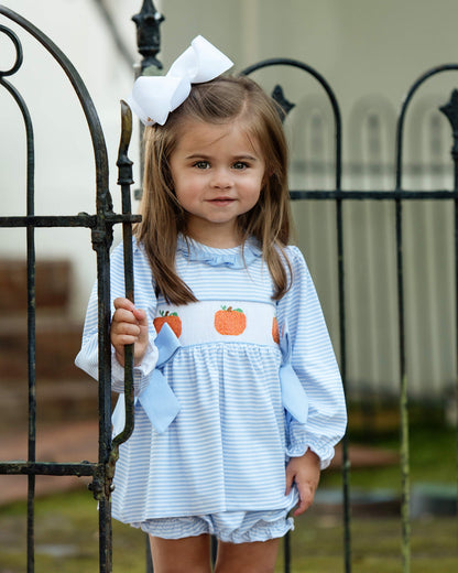 Blue Knit Stripe Smocked Pumpkin Diaper Set