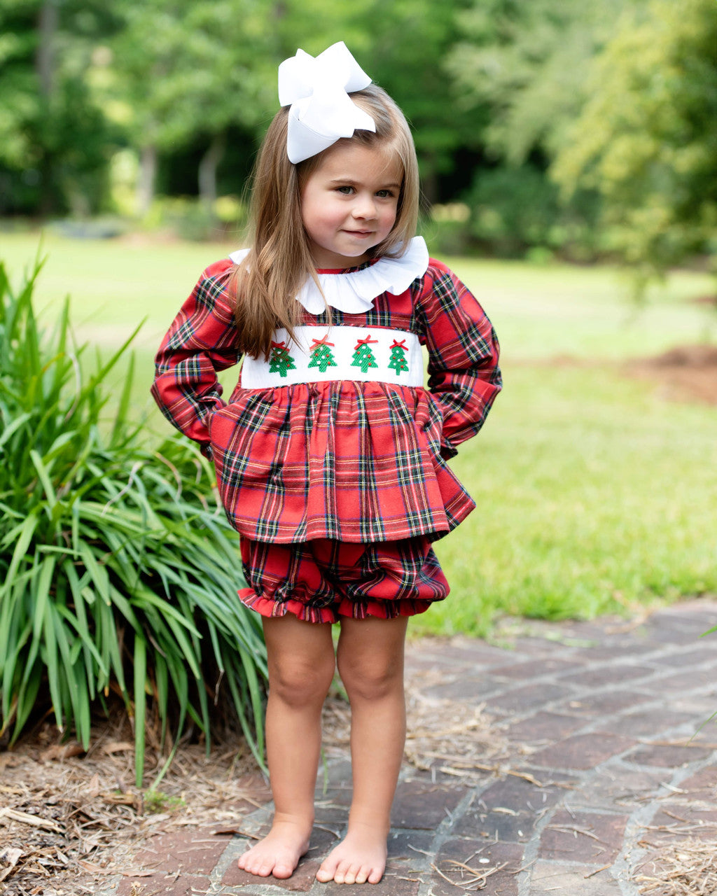 Red And Green Flannel Plaid Smocked Christmas Tree Bloomer Set