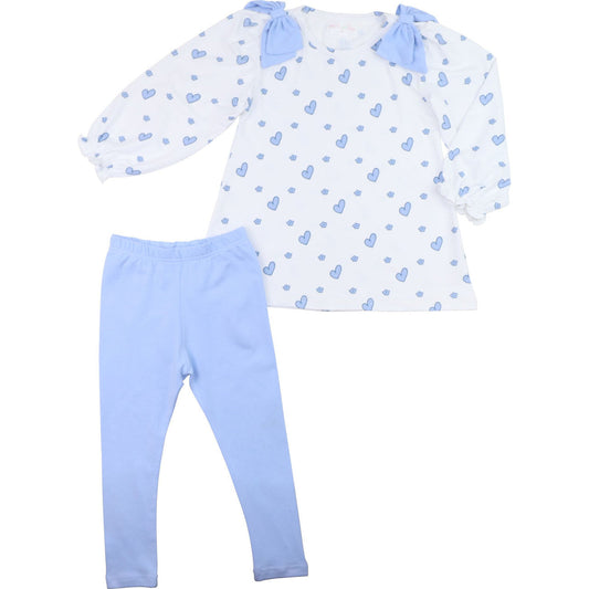 Blue Heart Print Knit Bow Legging Set