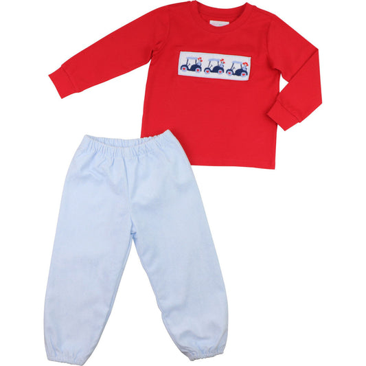 Red And Blue Corduroy Smocked Valentine Golf Cart Pant Set