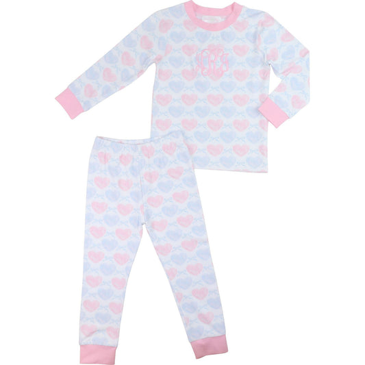 Pink And Blue Pastel Hearts And Bows Knit Pajamas