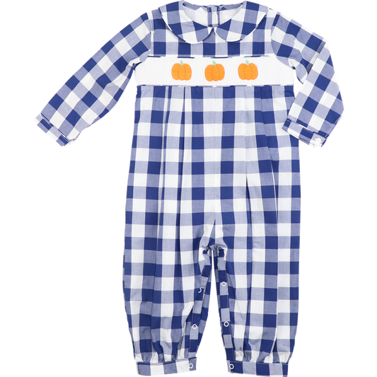 Navy Check Smocked Pumpkin Long Romper