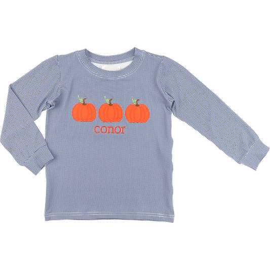 Navy Gingham Applique Pumpkins Shirt