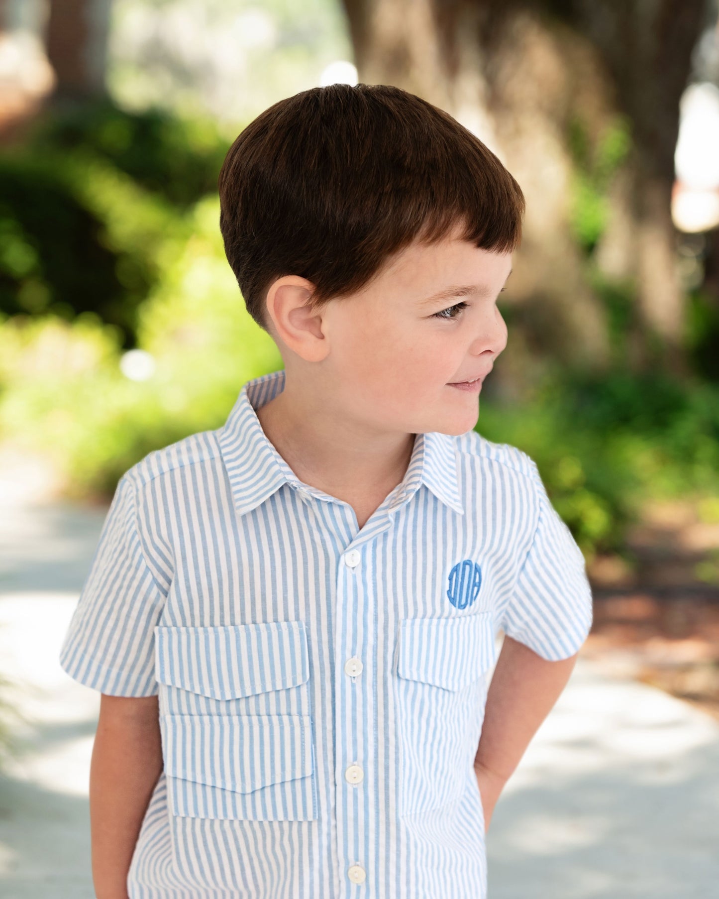 Blue Seersucker Fishing Shirt With Velcro Pockets And Mesh Lining