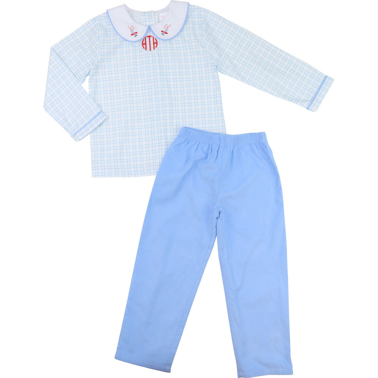 Blue Windowpane Valentine Airplane Pant Set