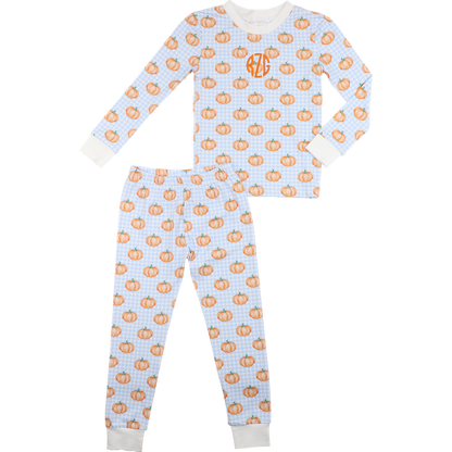 Blue Check Pumpkin Print Knit Pajamas