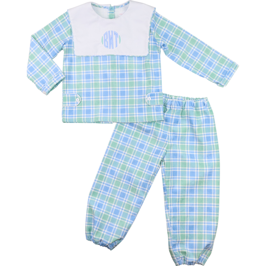 Blue And Green Plaid Corduroy Ankle Pant Set