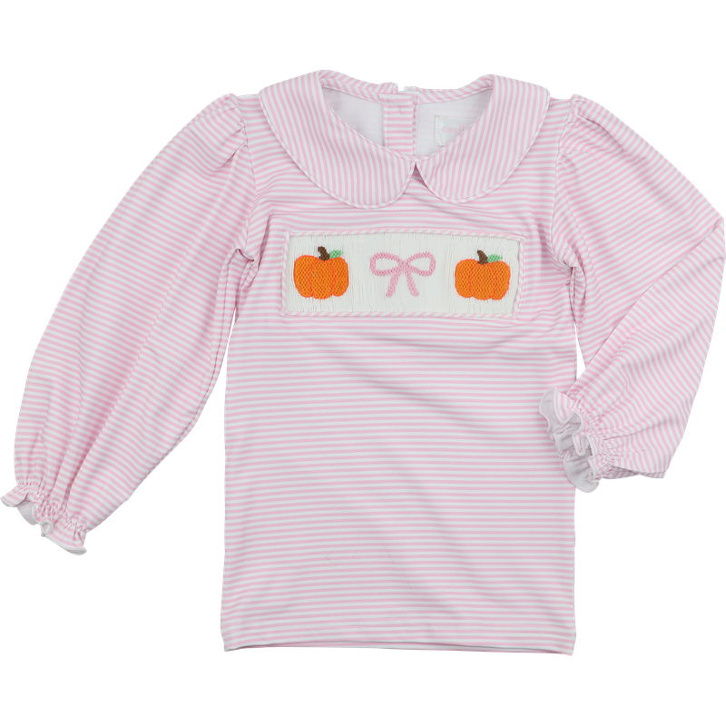 Pink Knit Stripe Smocked Pumpkin And Bow Shirt