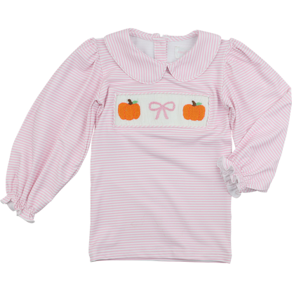 Pink Knit Stripe Smocked Pumpkin And Bow Shirt