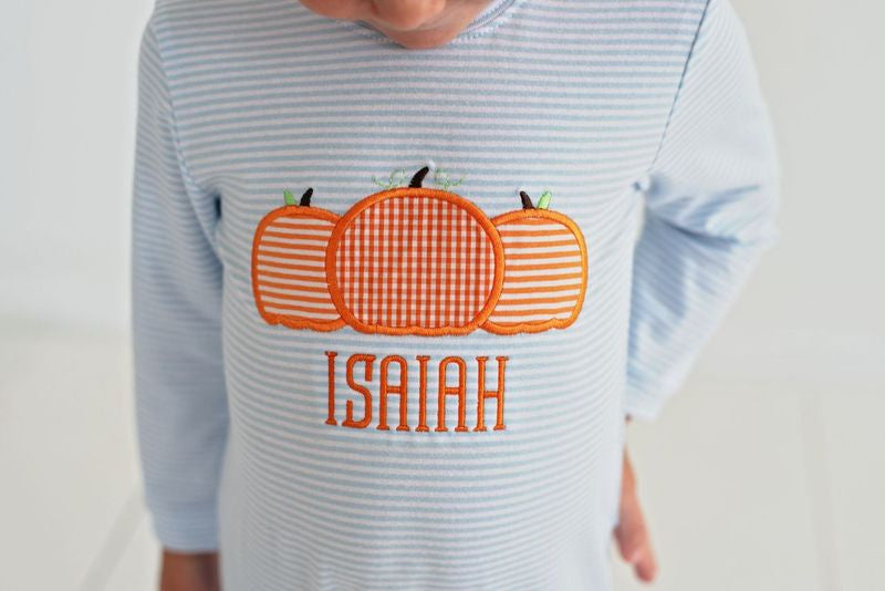 Blue Stripe Knit Applique Pumpkins Long Romper