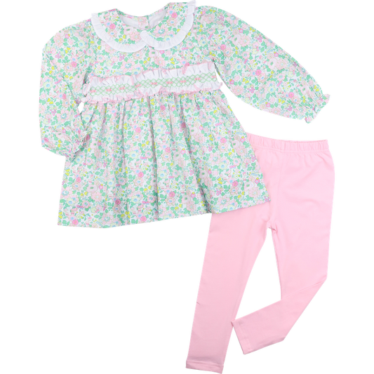 Green And Pink Floral Smocked Ruffle Legging Set