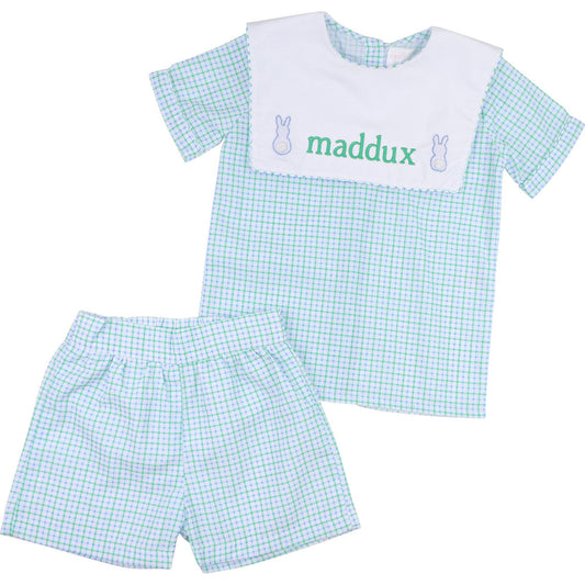 Blue And Green Windowpane Embroidered Bunny Short Set